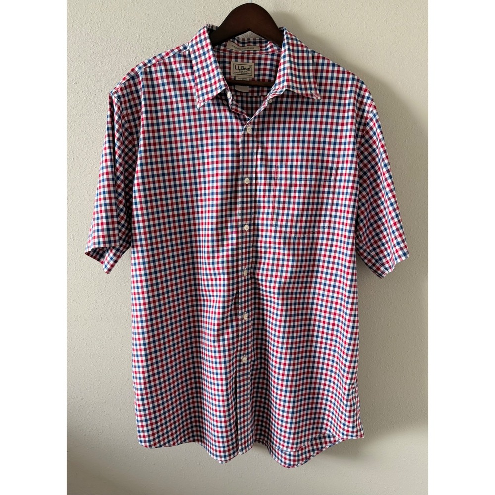 L.L.Bean Mens Large Wrinkle Resistant Shirt Red Blue Check Short Sleeve Cotton